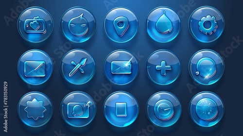 Icons of circle glass for web buttons, arrows, letters, mails, homes, crosses, and check marks. Modern cartoon set of blue web elements for game user interface design.