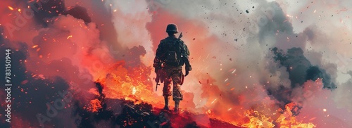 A man stands confidently on top of a hill engulfed by flames. The fire rages around him, creating a dramatic and intense scene. photo