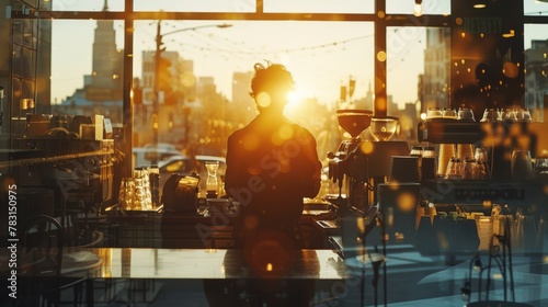 A man sits at a counter in a coffee shop, looking out the window at the city. The sun is setting, casting a warm glow over the scene. The atmosphere is relaxed and peaceful photo