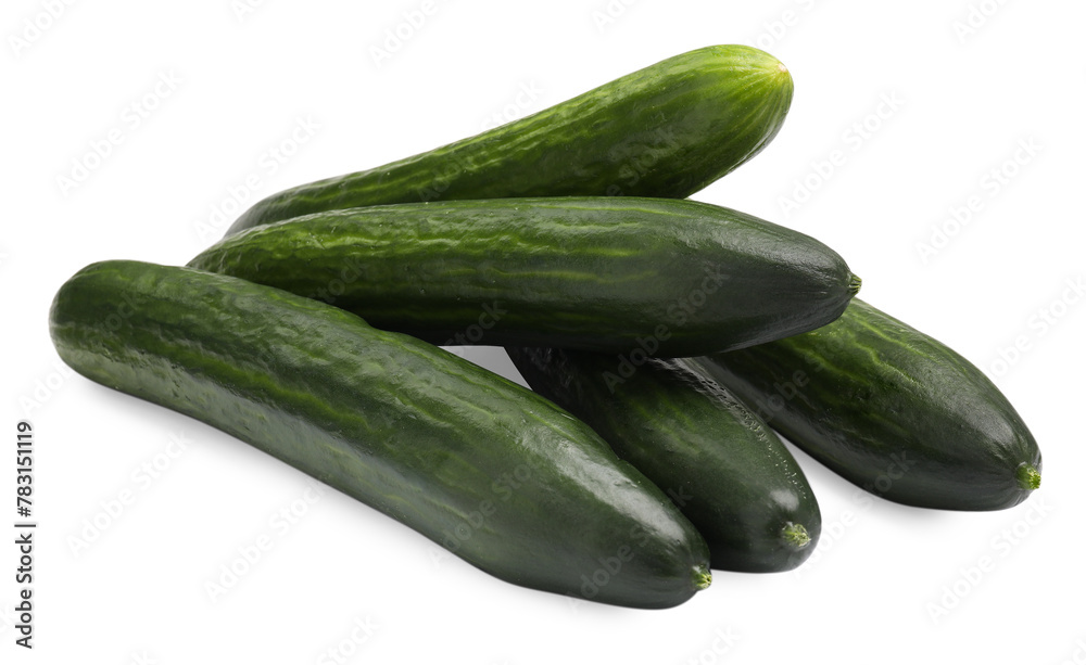 Many long fresh cucumbers isolated on white Many long fresh cucumbers isolated on white