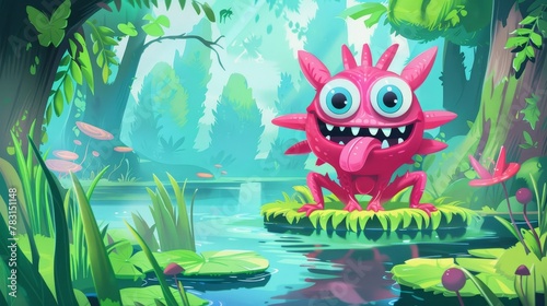 This great modern cartoon illustration shows a cute pink alien animal in a green swamp in the forest. This fantastic illustration shows a magical wood with a lake and an alien creature with a forked