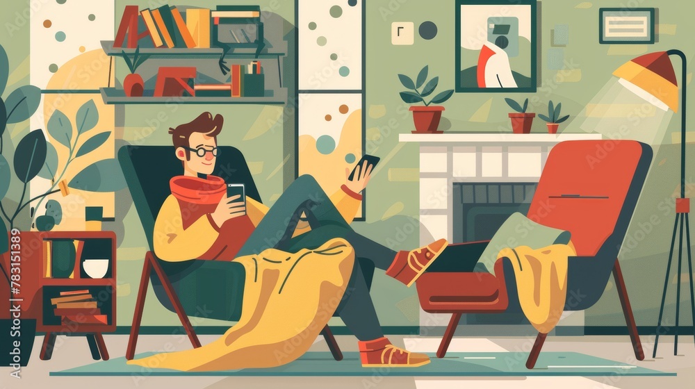 Sitting on a chair while watching TV, reading a book, taking a selfie with his mobile phone. Modern flat illustration of a person relaxing at home, having a cup of coffee, using a tablet, and
