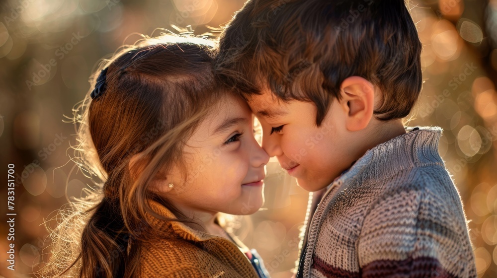 A young boy and girl are standing side by side, showcasing the bond between siblings. They appear casually dressed and comfortable in each others presence.