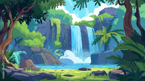 Cartoon illustration showing waterfall with trees, lianas, and rocks in tropical jungle. Summer exotic landscape with rainforest, grass, stones, and cascades of water.