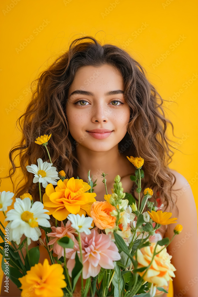A beautiful woman holding a bouquet of flowers.