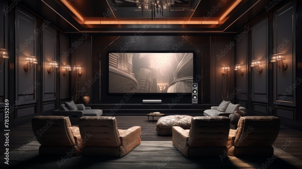 Generative AI Lavish theater room with plush seating and a large screen for movie nights.
