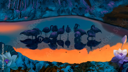 Alien birds in a mountain lake (ID: 783152183)