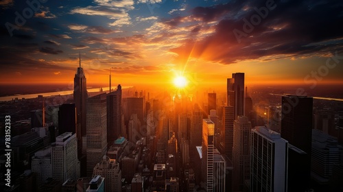 skyscrapers sun rising over earth