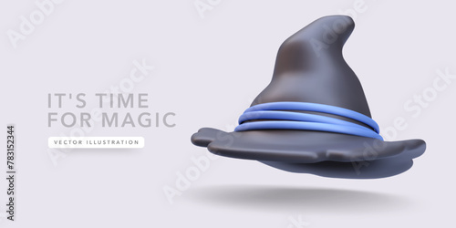 3d realistic black witch hat with shadow isolated on light background, Vector illustration
