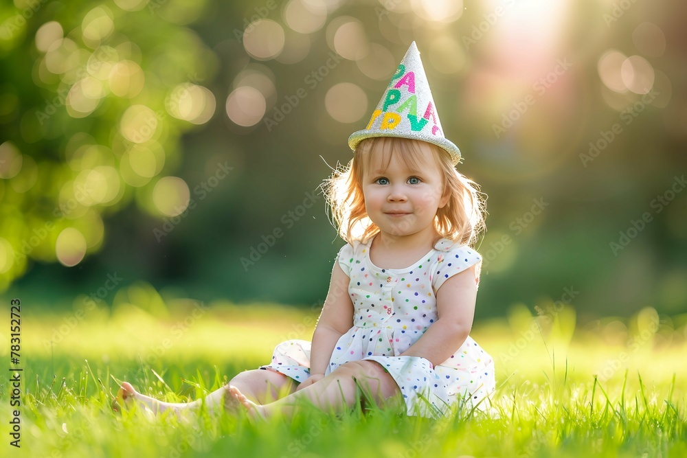Portrait of a cute little girl in birthday hat in the meadow. Child birthday concept. Birthday party photo. Portrait of a cute little girl in birthday hat in the meadow. Child birthday concept. Birthday party photo.
