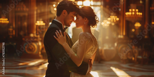 Elegant newlywed couple embracing under chandelier in ornate room with romantic lighting