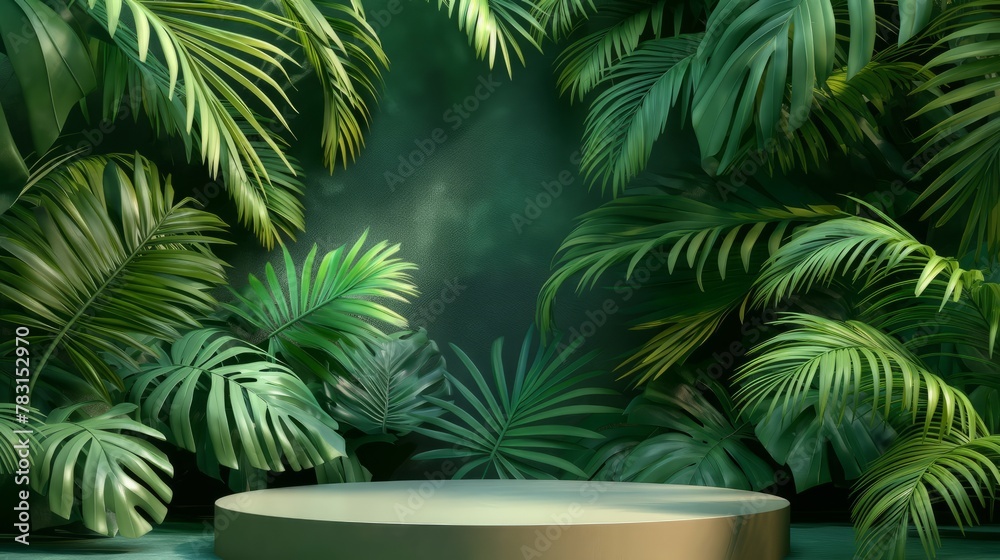 An empty podium with a background of tropical plants and palm trees, a platform for product demonstrations.  A stage showcase.