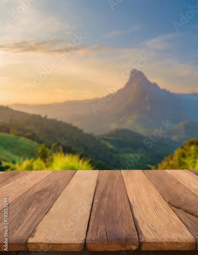 Wood table top on blur nature background at sunset. can be used for display or montage your products