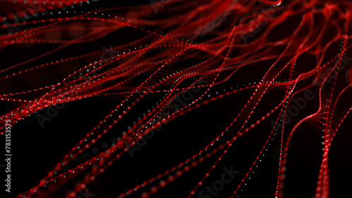 Dna from a moving wave and particles. Abstract dark background. The science of medicine. Biotechnology. The concept of a gene cell. Red dots with lines. 3d rendering
