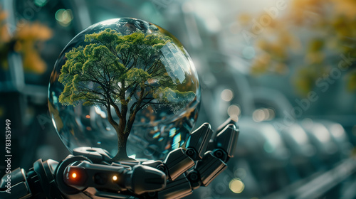 A robot is holding a tree in a glass ball. The robot is surrounded by a dark background