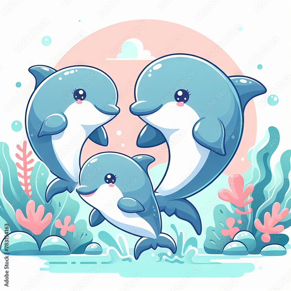 Fototapeta premium Cute family of dolphins in the clear water of the sea. World Whale and Dolphin Day Flat illustration