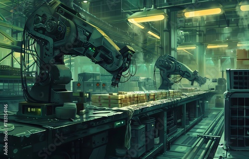 A futuristic food processing plant, where robots cook, package, and label products, epitomizing the modern culinary industry