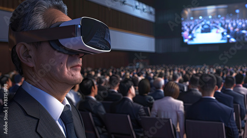 VR experience senior business manager man attend meeting wearing virtual goggle glasses standing in autitorium convention hall with crowd of business people background photo
