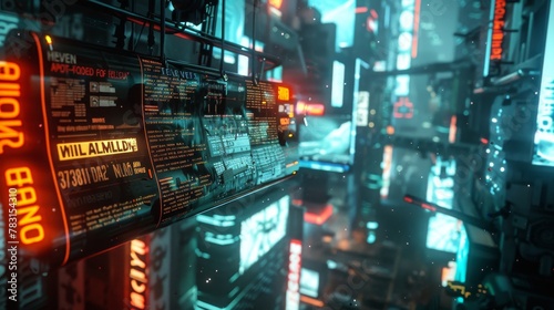 A hovering 3D news ticker displaying futuristic headlines in a cybernetic cityscape, neon lights illuminating the text with ample copy space on the side