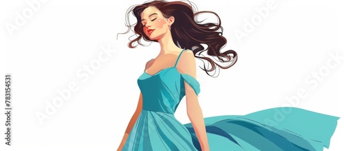 Woman wearing a blue dress walks gracefully as her hair blows in the wind