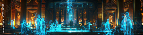 A mystical temple with holographic deities performing ancient rituals and ceremonies photo