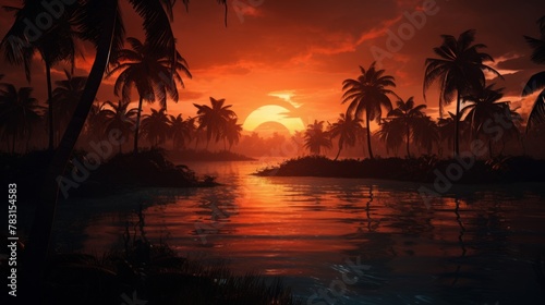 Generative AI Overhead shot showcasing the splendor of a serene island chain during sunset, with palm trees silhouetted against the fiery sky, creating a magical and captivating scene photo