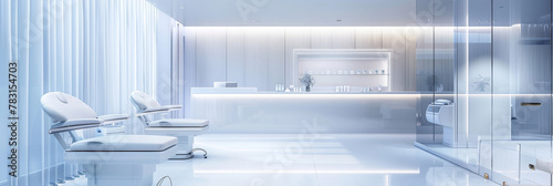 A pristine medical spa with the latest skincare technology, set against a minimalist background for aesthetic medicine discussions