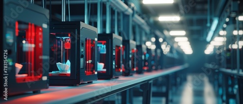 A row of 3D printers working in unison at a futuristic workshop photo