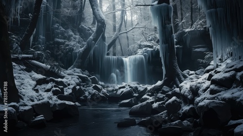 waterfall dark snowy forest