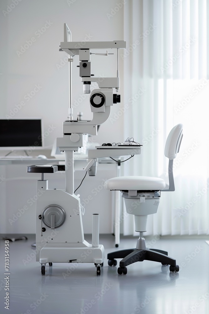 A spotless ophthalmology clinic with modern vision testing equipment, against a blank background for eye care innovation content