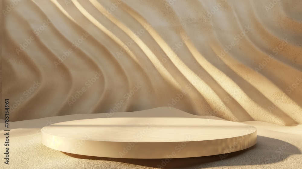 An empty round podium on a background of sand, desert. A showcase for displaying goods. 3D rendering.