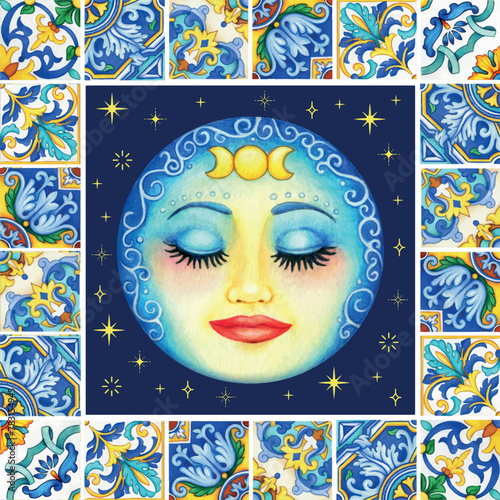 watercolor hand drawn colorful italian tiles and sun face
