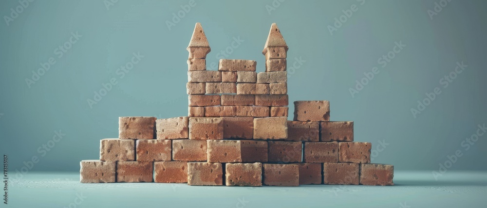 A symbolic representation of a retirement fund fortress, built from bricks of bonds, stocks, and real estate, safeguarding against financial woes - obrazy, fototapety, plakaty 