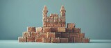 A symbolic representation of a retirement fund fortress, built from bricks of bonds, stocks, and real estate, safeguarding against financial woes