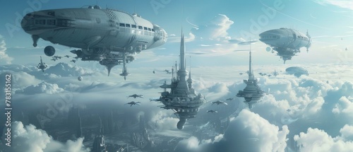 A terraformed Venus with floating cities in its upper atmosphere, connected by airships and drones © Shutter2U
