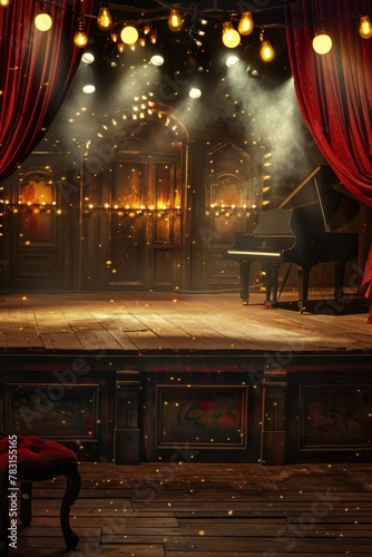 A vaudeville stage with vintage props and footlights, evoking nostalgia for a classic entertainment banner background