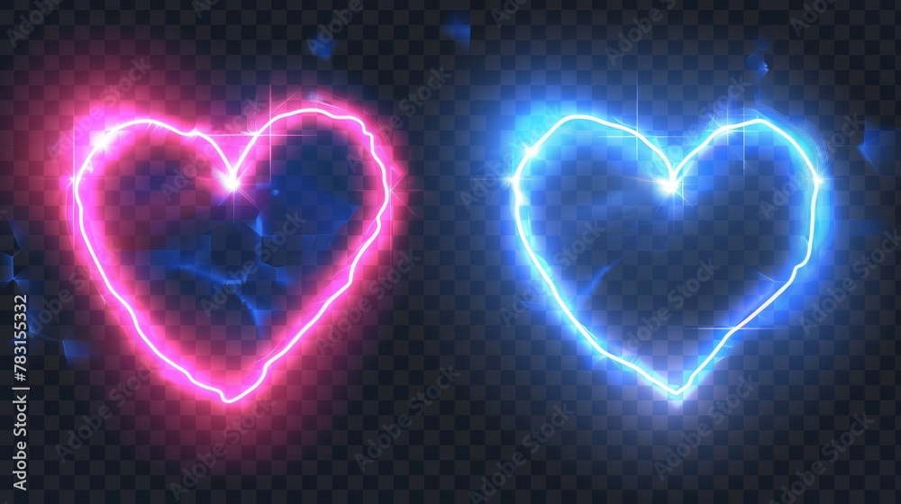 A modern realistic set of neon light frames and banners in rectangle and heart shapes, isolated on transparent backgrounds for night clubs and casinos. A modern realistic set of neon light frames and banners in rectangle and heart shapes, isolated on transparent backgrounds for night clubs and casinos.