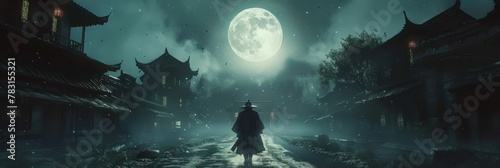 An Asian Jiangshi hopping through an ancient village, its stiff body dressed in Qing dynasty clothes, under the moonlight