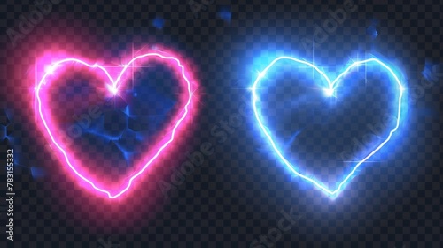 A modern realistic set of neon light frames and banners in rectangle and heart shapes, isolated on transparent backgrounds for night clubs and casinos.