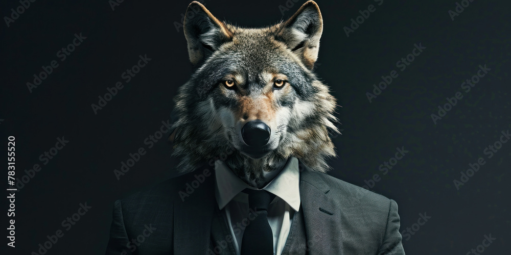 Fototapeta premium A majestic wolf in a sleek suit and tie, embodying the spirit of power and success in the financial world