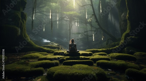 Generative AI A yogi performing yoga poses on a soft carpet of moss, surrounded by ancient trees in a quiet forest. photo