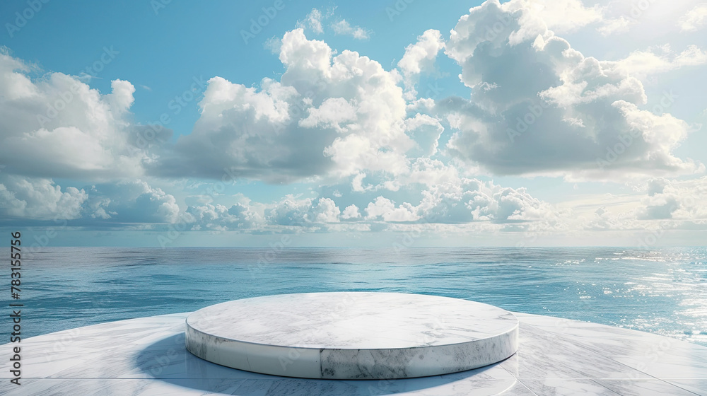 White marble podium with ocean sky background