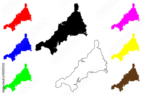 Cornwall (United Kingdom of Great Britain and Northern Ireland, England, Non-metropolitan county, shire county) map vector illustration, scribble sketch Cornwall map....