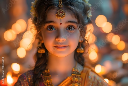 Diwali Grace: Young Girl Amidst Luminous Tradition. Concept Festival of Lights, Diwali Celebration, Traditional Attire, Lamps and Diyas, Festive Decorations