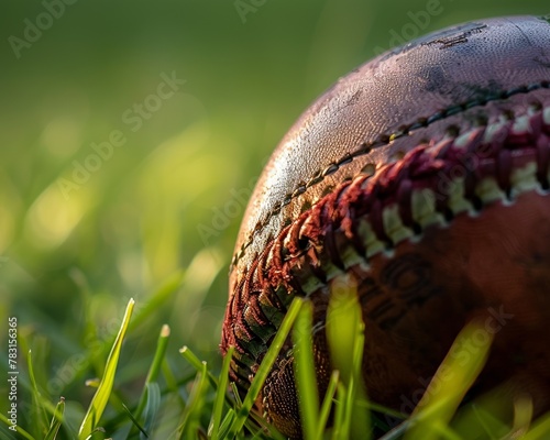 Macro view of a cricket ball on green grass, focusing on the seam and the leather texture