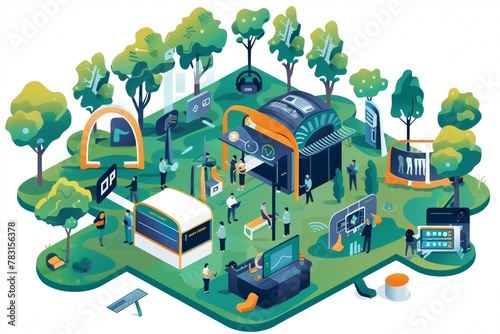 Isometric tech festival in a park with tents showcasing virtual reality gear