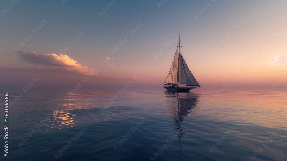 Serene dawn at sea, a single yacht with billowing sails reflects on calm waters