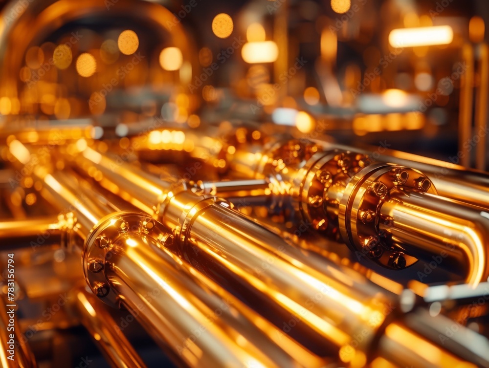 Naklejka premium The golden glow of innovation in a modern refinery's pipeline network