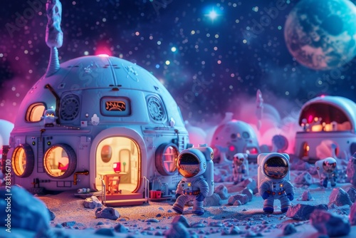 Surreal 3D moon base school, with cute astronaut kids learning about space exploration and lunar geology photo