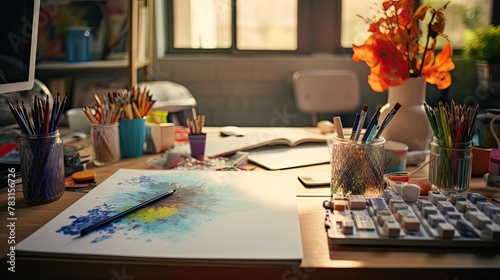 artistic blurred interior home office desk